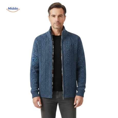 Adult model wearing open blue thermoknit vest with relaxed fit and warm knit construction.