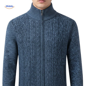 Men's blue thermoknit vest with full front zipper closed, ready to wear for warmth.