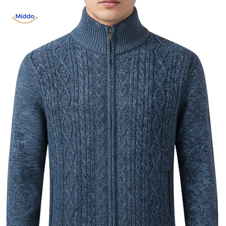 Men's blue thermoknit vest with full front zipper closed, ready to wear for warmth.