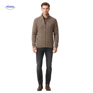 Full body shot of man wearing brown thermoknit vest, showcasing complete casual look.