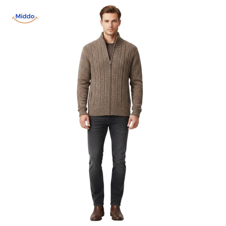 Full body shot of man wearing brown thermoknit vest, showcasing complete casual look.
