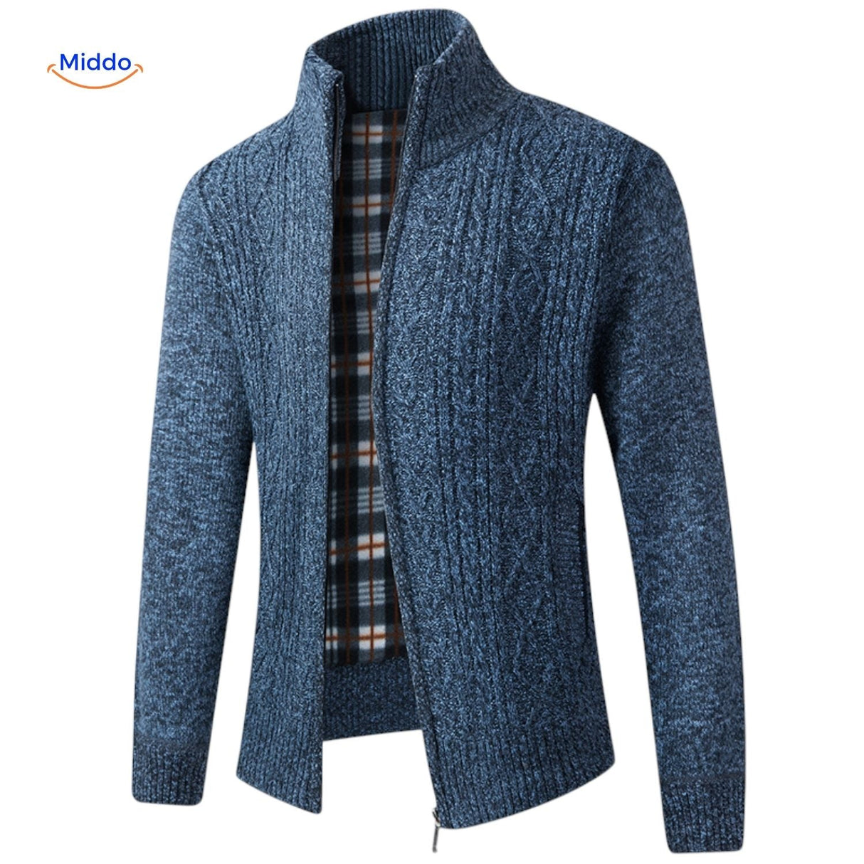 Blue thermoknit vest worn open showing front view of lined construction and interior.