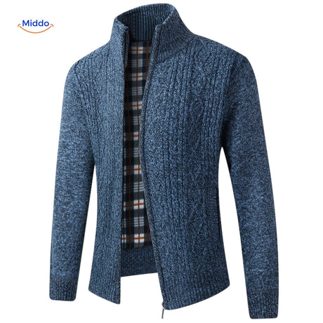 Blue thermoknit vest worn open showing front view of lined construction and interior.