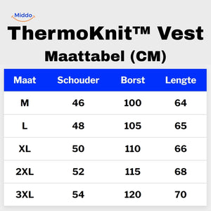 Thermoknit vest sizing chart for men displaying measurements and fit guide.