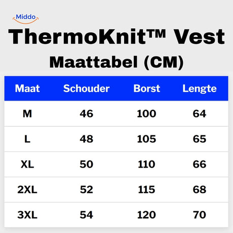 Thermoknit vest sizing chart for men displaying measurements and fit guide.