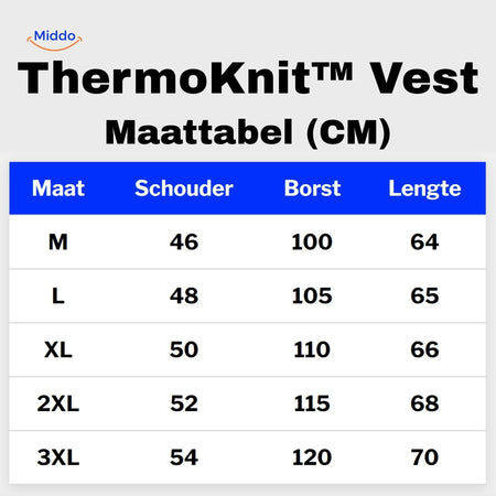 Thermoknit vest sizing chart for men displaying measurements and fit guide.