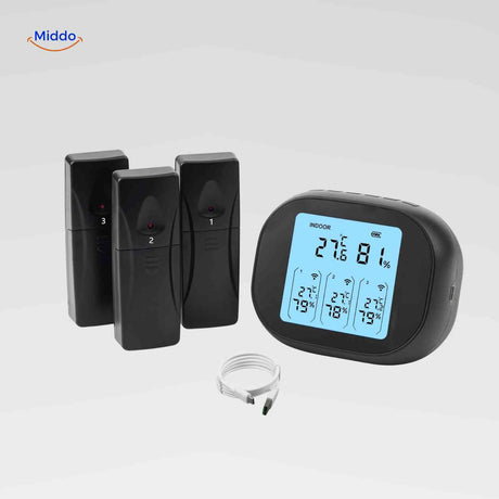 Thermometer-hygrometer with three wireless remote sensors for comprehensive climate control.