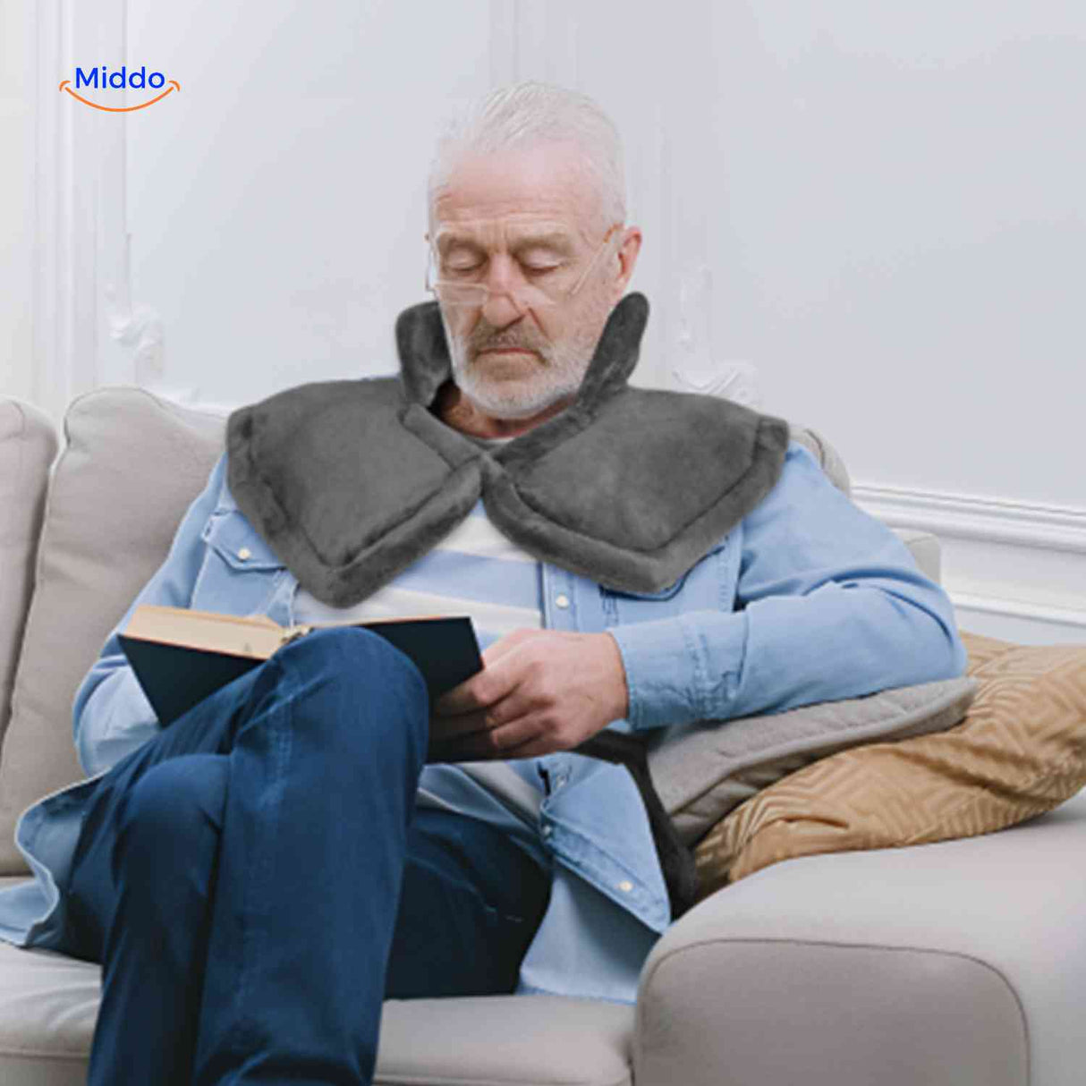 Thermowrap heated wrap provides comfort for seniors during reading and relaxation time.