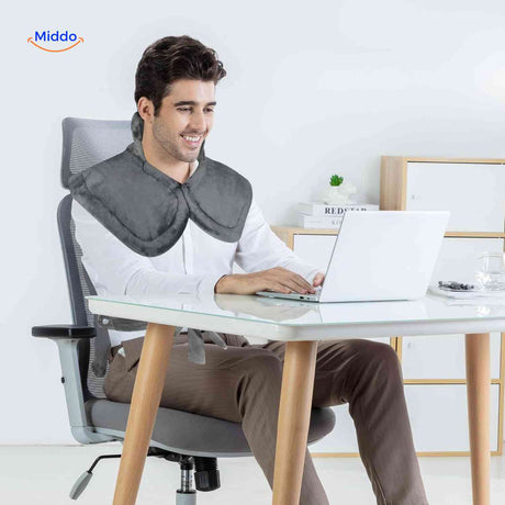 Thermowrap ideal for workplace use, providing neck and shoulder heat therapy at your desk.