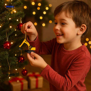 Toddler playing with construction machines advent calendar toys.