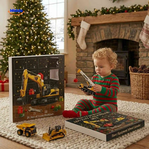 Toddler playing with toy construction machine from advent set.