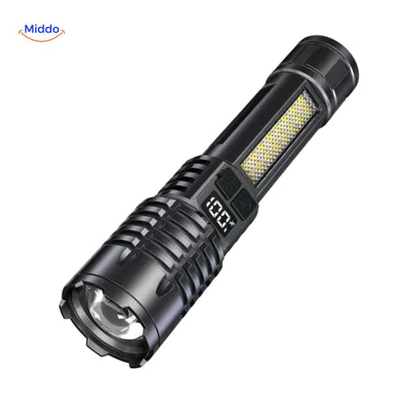 Torchlite rechargeable flashlight with digital battery meter display.