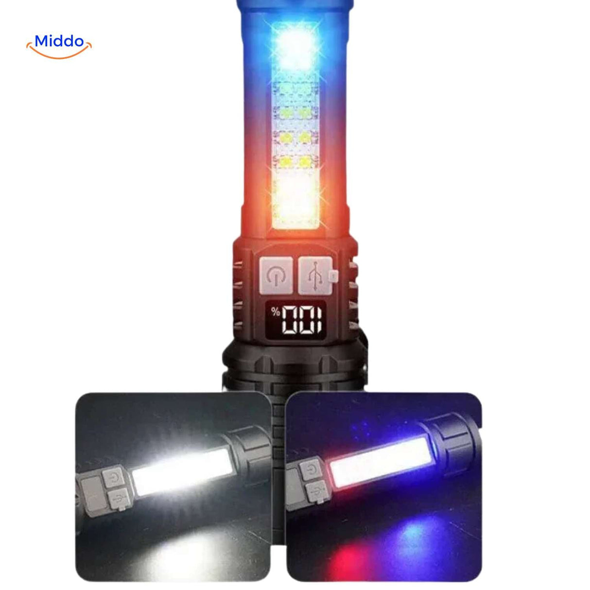 Torchlite emergency light with white, blue, and red LED light options.