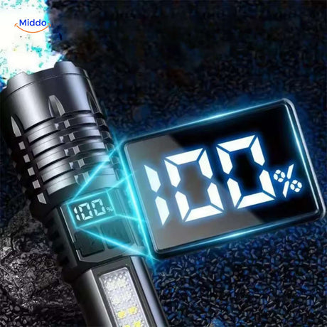 Torchlite LED flashlight showing full 100% battery charge on display.