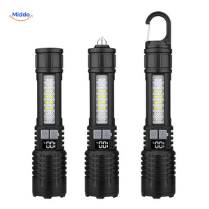 Torchlite multifunctional flashlight with emergency hammer and attachment hook.