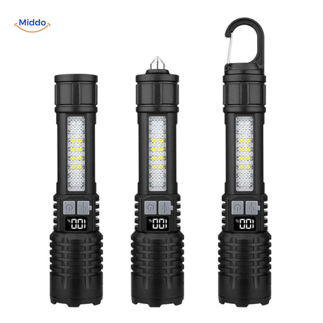 Torchlite multifunctional flashlight with emergency hammer and attachment hook.