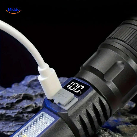 Torchlite rechargeable LED flashlight with USB charging port and battery display.