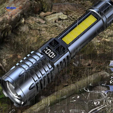 Waterproof Torchlite LED flashlight with digital display for outdoor adventures.