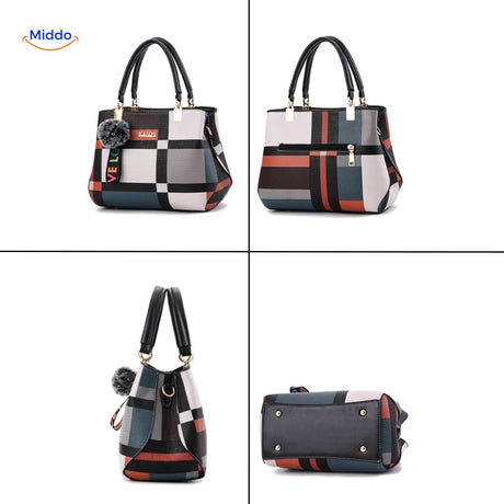 Spacious tote handbag shown from three different perspectives.