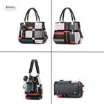 Spacious tote handbag shown from three different perspectives.