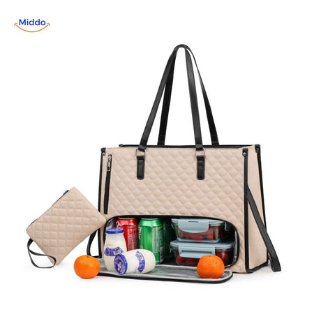 Beige Totezia lunch bag with black accent trim and food-grade insulation.