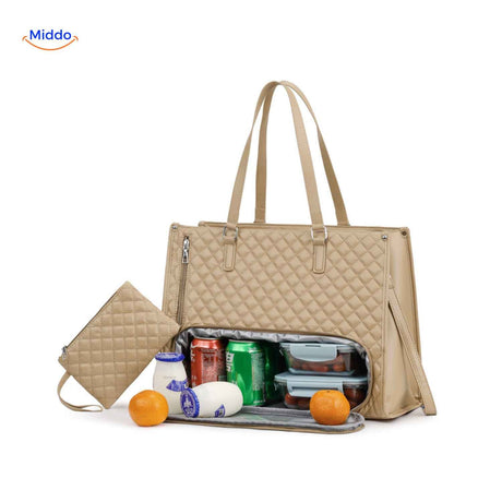Beige Totezia lunch bag with cooler section and detachable small case.