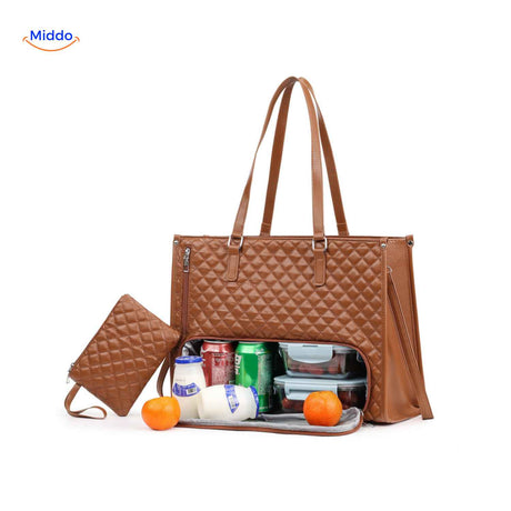 Brown Totezia cooler handbag with multiple insulated compartments.