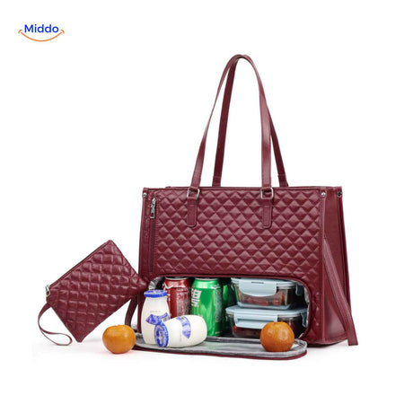 Burgundy red Totezia lunch bag with integrated insulation for temperature control.