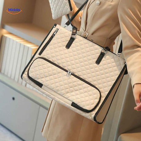 Beige and black Totezia handbag with matching insulated lunch cooler case.