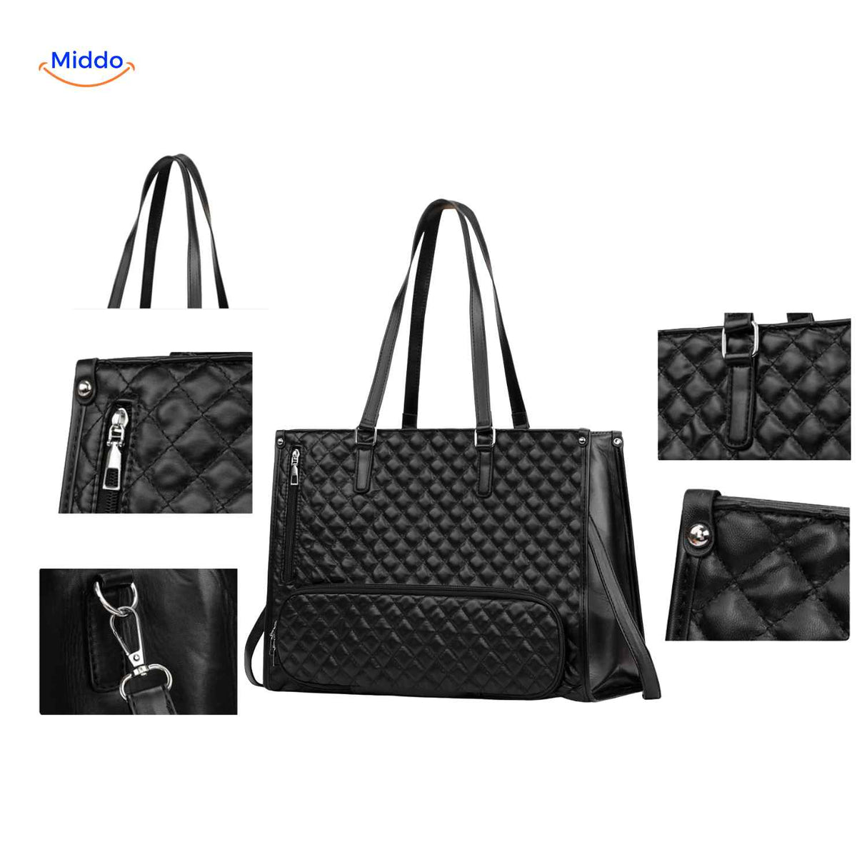 Close-up detail of black quilted Totezia handbag with coordinating accessories.