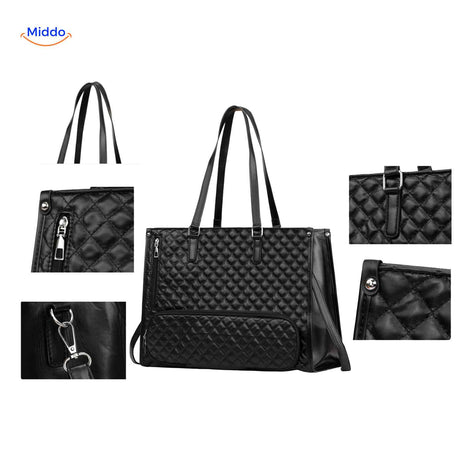 Close-up detail of black quilted Totezia handbag with coordinating accessories.