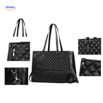 Close-up detail of black quilted Totezia handbag with coordinating accessories.