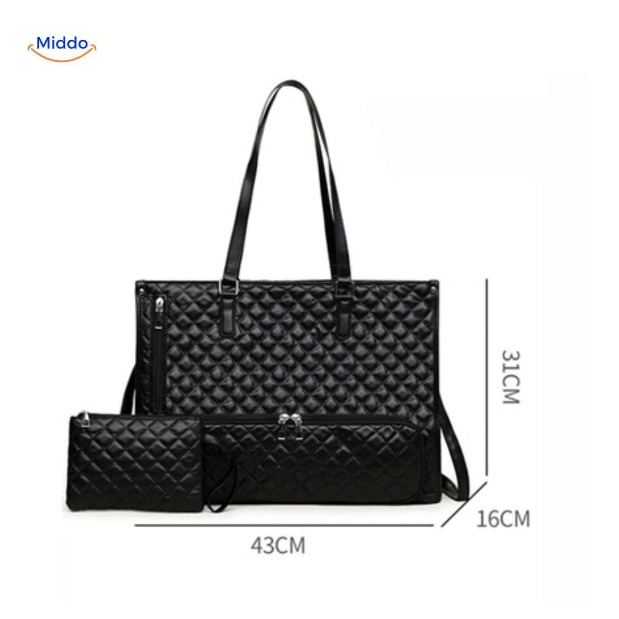 Totezia handbag dimensions 43x31x16 cm with included portable carrying case.