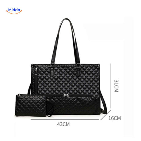 Totezia handbag dimensions 43x31x16 cm with included portable carrying case.