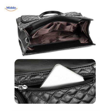 Black Totezia handbag with large interior capacity, zipper closure, and tablet pocket.