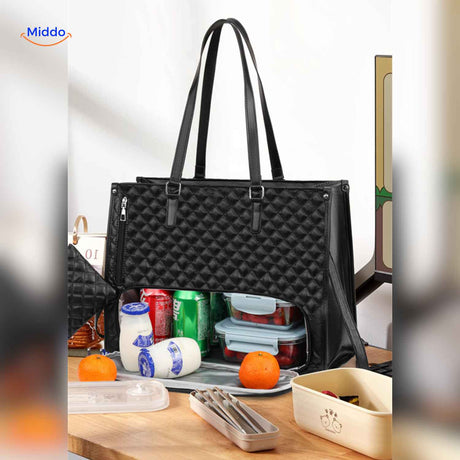 Totezia cooler bag organized with drinks, snacks, and food items inside.