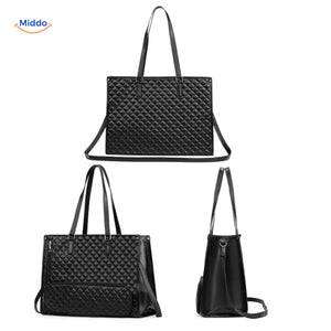 Black Totezia 2-in-1 handbag shown from front, side, and back angles.