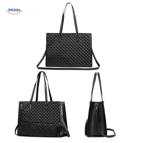 Black Totezia 2-in-1 handbag shown from front, side, and back angles.