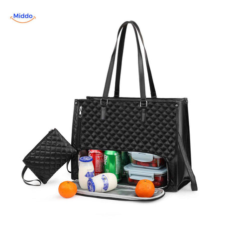 Black quilted Totezia handbag with insulated lunch compartment inside.