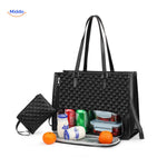 Black quilted Totezia handbag with insulated lunch compartment inside.