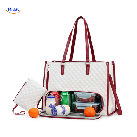 Red and white Totezia cooler handbag with stylish insulated compartments.