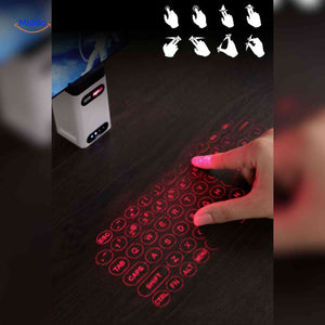 Laser keyboard with touch controls and visual gesture instructions.