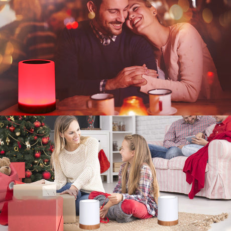 Cordless touch lamp creating warm festive atmosphere for holidays.