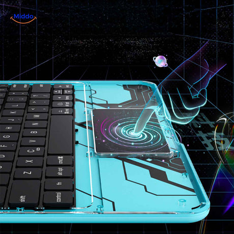 High-tech touchpad keyboard case with blue circuit design.