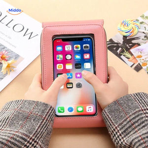 TouchScreenGo compact shoulder bag with responsive touchscreen back pocket.
