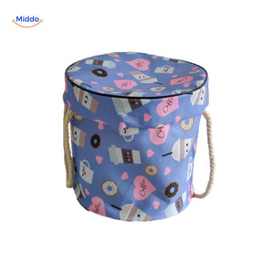 Blue toy storage bag with dimensions and capacity guide.