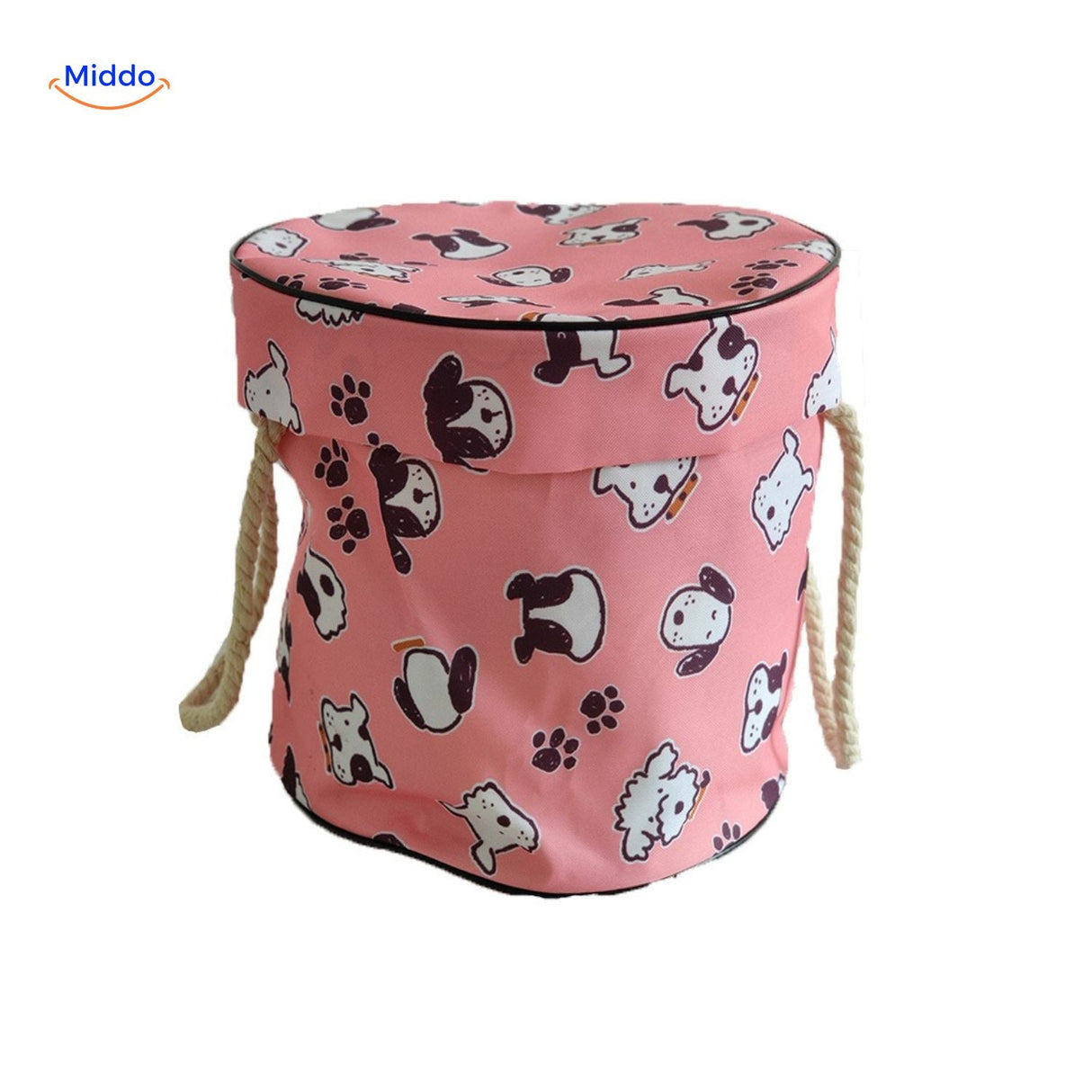 Toy storage bag in pink with cute dog pattern.