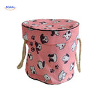 Toy storage bag in pink with cute dog pattern.