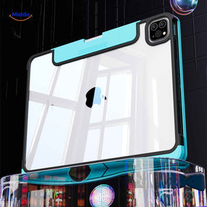 Transparent iPad keyboard case with camera lens protection.