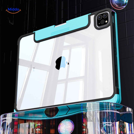 Transparent iPad keyboard case with camera lens protection.